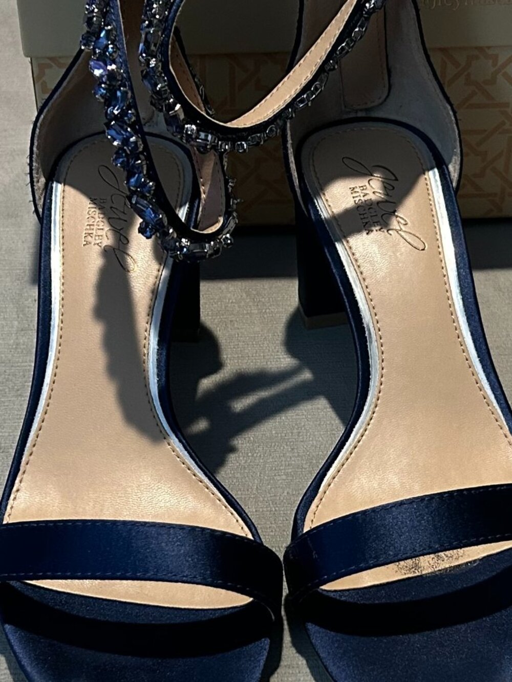 JEWEL BADGLEY MISCHKA Lydia Block Heel Sandal Navy Satin Rhinestone Size 7